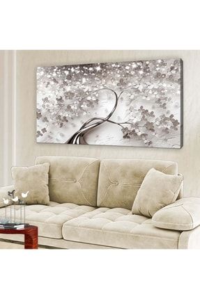 Işıltılı Gümüş Çiçekli Ağaç - Kanvas Tablo 60x120cm-hykvs-432 HYKVS-432