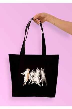Dansçı Kediler Baskılı Körüklü Siyah Tote Bag BETGOHOMEÇNT8