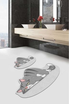 Yıkanabilir Lazer Kesim Uyuyan Kedi Desenli Banyo Paspası 2 Li Ebatlar 60x100 40x60 GR-KEDİ-LZR2-Lİ
