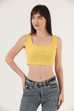 Kadın Sarı Kalın Askılı Fitilli Crop Bluz TD-KCT000001