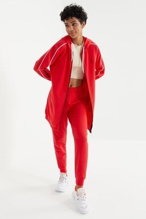 A.kırmızı Kapüşonlu Fermuarlı Kolu Yazı Nakışlı Rahat Form Kadın Eşofman Tunik Takım - 95314 T12BY-95314