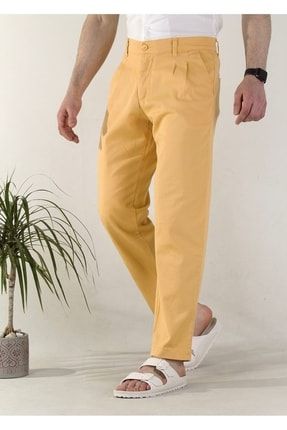 Sarı Erkek Pileli Keten Pantolon PPLELKTN001