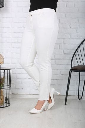 Kemik Beyaz Yüksekbel Paça Püskül Detaylı Jeans Pantolon HB00456