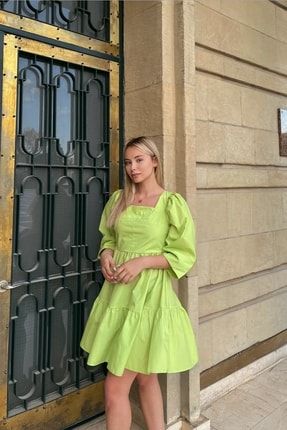 Kadın Fıstık Yeşili Sırtı Bağlama Detaylı Poplin Elbise 1007 1016 TYC00401904614