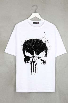 Punisher Baskılı Beyaz Oversize Unisex Tshirt 816E0739