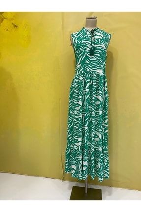 Milano Italy Kolsuz Desenli Oversize Uzun Elbise Yeşil M.61609