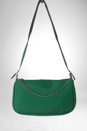 Kadın Yeşil Ince Zincirli Saten Kumaş Baget Çanta X-L-5