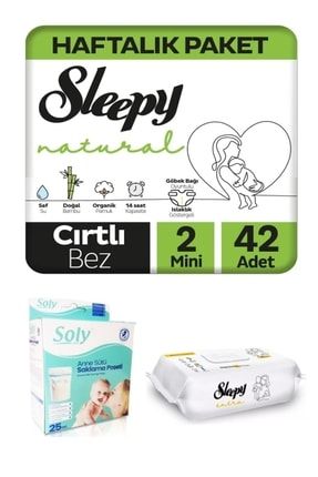 Natural Haftalık Paket Bebek Bezi 2 Numara Mini 42 Adet + Süt Saklama Poşeti + Islak Bebek Havlu NaturSleepySet