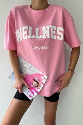 Kadın Pembe Wellnes Baskılı Oversize T-shirt OversizeTişşrt