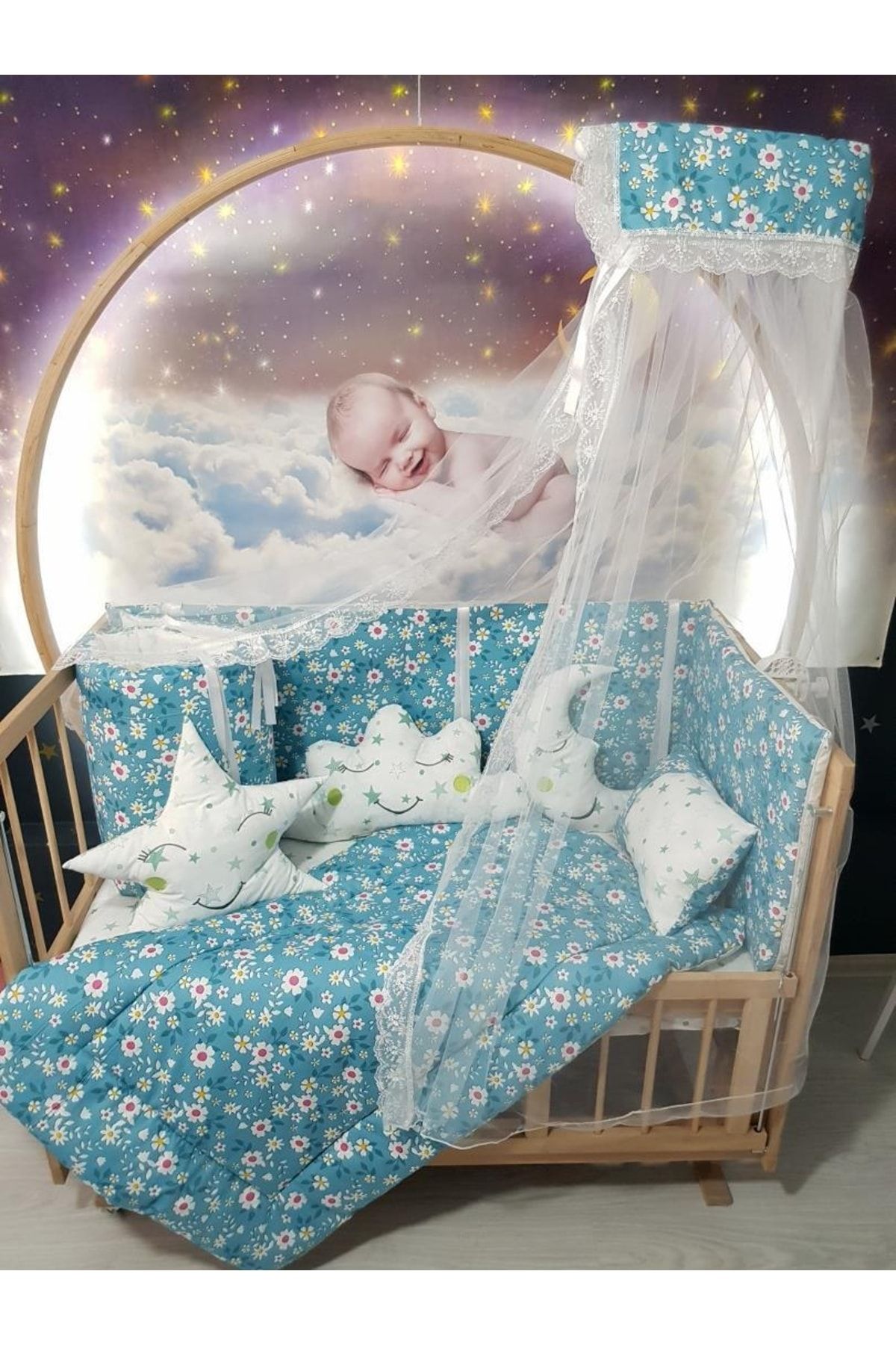 bebek iklimi 70x130 Baby Sleeping Set with Mosquito Net Flower Pattern 11 Pieces crib Not Included
