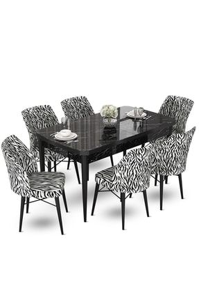 Fer Serisi, 70x114 Açılabilir Siyah Mermer Desen Mutfak Masa Takımı, 6 Zebra Desen Sandalye FER01SYHMR06