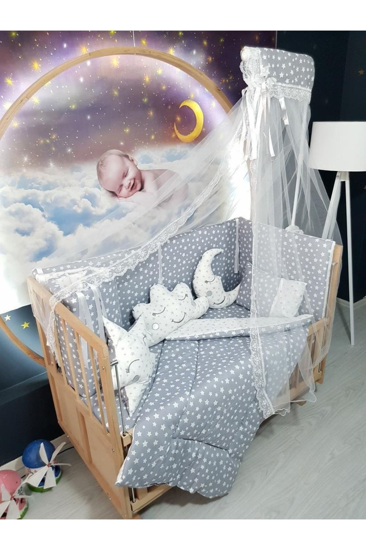 bebek iklimi 70x130 Baby Sleeping Set with Mosquito Net Star Pattern 11 Pieces crib Not Included