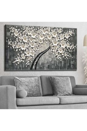 Sanatsal Beyaz Çiçekli Ağaç - Kanvas Tablo 60x120cm-hykvs-495 HYKVS-495