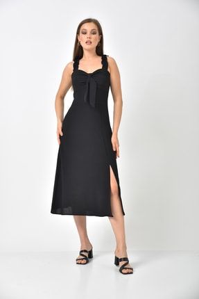 Siyah Askı Büzgülü Sırt Detay Yırtmaçlı Elbise MM22EL0239