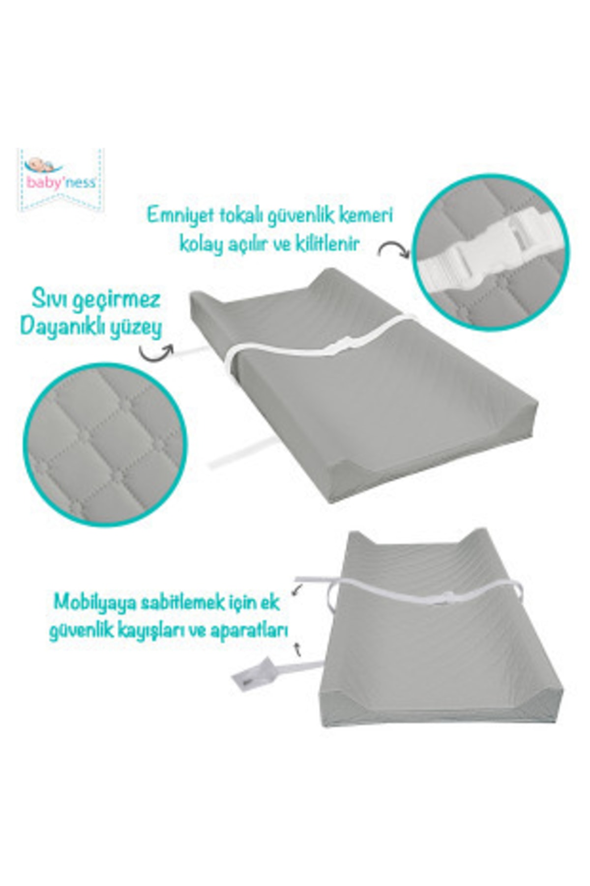 Baby'ness Bebek Alt Değiştirme Minderi 40x70 Cm Sıvı Geçirmez Leke Tutmaz Gri fotoğrafı 2 (önizleme)