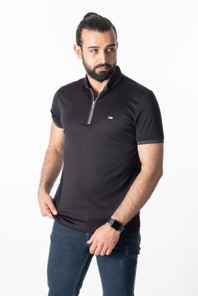 Erkek Siyah Premium Fermuar Detaylı Polo Yaka T-shirt CNL05152X237