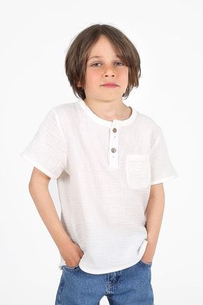 Erkek Çocuk Cep Detaylı Düğmeli Beyaz Dokuma Gömlek L-3063