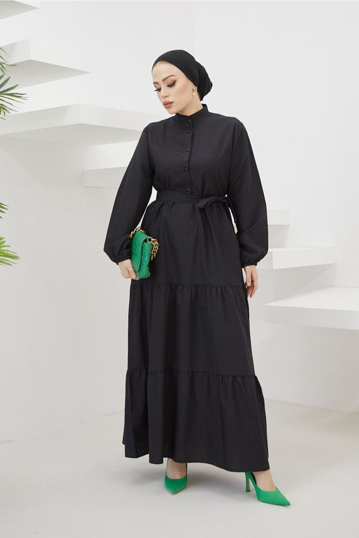 benguen-428 Prächtiges Hijab-Kleid mit Kragen und Knöpfen in Schwarz 5