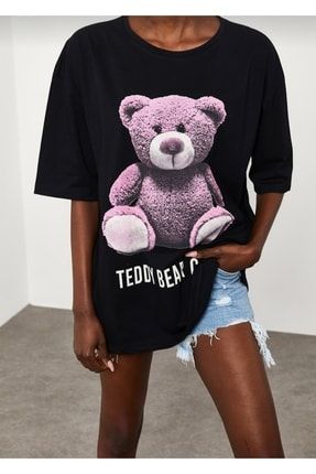Kadın Siyah Teddy Bear Baskılı Salaş T-shirt Tsr0976
