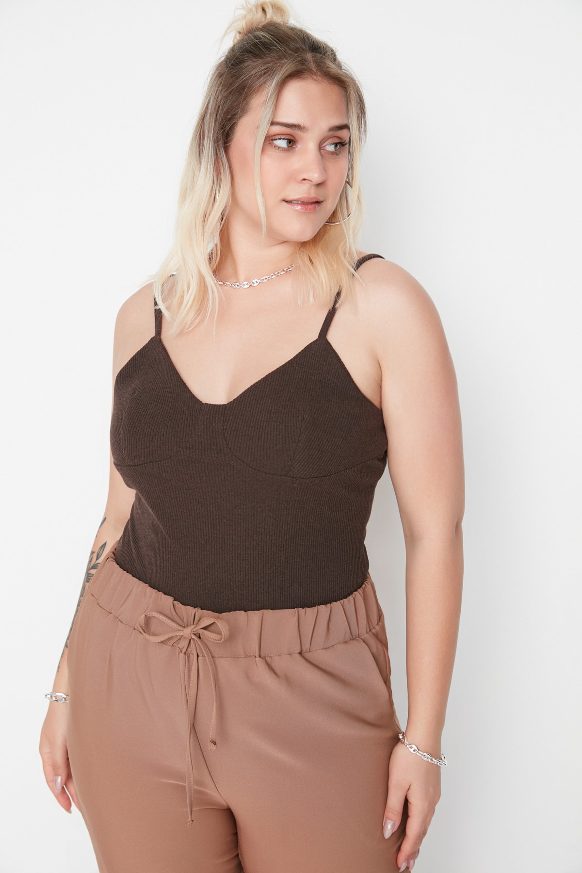 Trendyol Curve Plus Size Bodysuit - Brown - Fitted - Trendyol