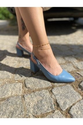Hakiki Deri Kadın Arkası Açık Galler Mavisi Topuklu Ayakkabı B0034