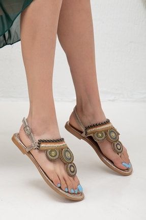 Kadın Gold Parmak Arası Yazlık Sandalet - 1 cm Topuk Yüksekliği RCTR-SAN-0002