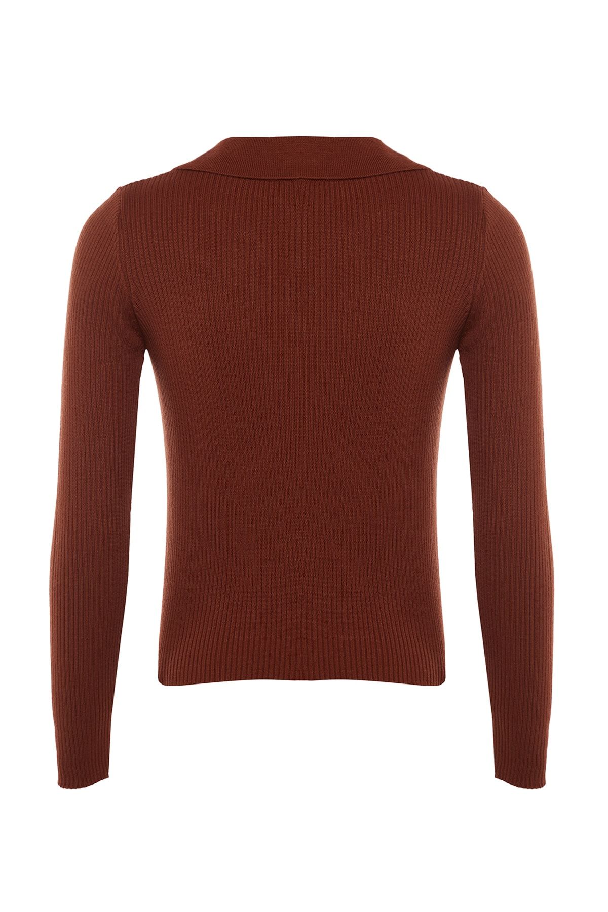 Trendyol Collection-Brązowy sweter z kołnierzykiem i dzianinowym wzorem 13