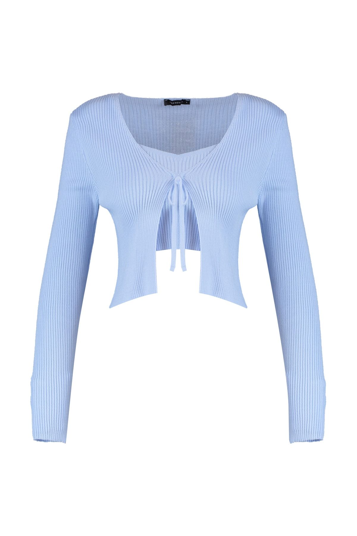Kolekcia Trendyol-Svetlomodrá Crop Tie Detailná súprava úpletu blúzka-kardigan TWOSS21HI0002 7