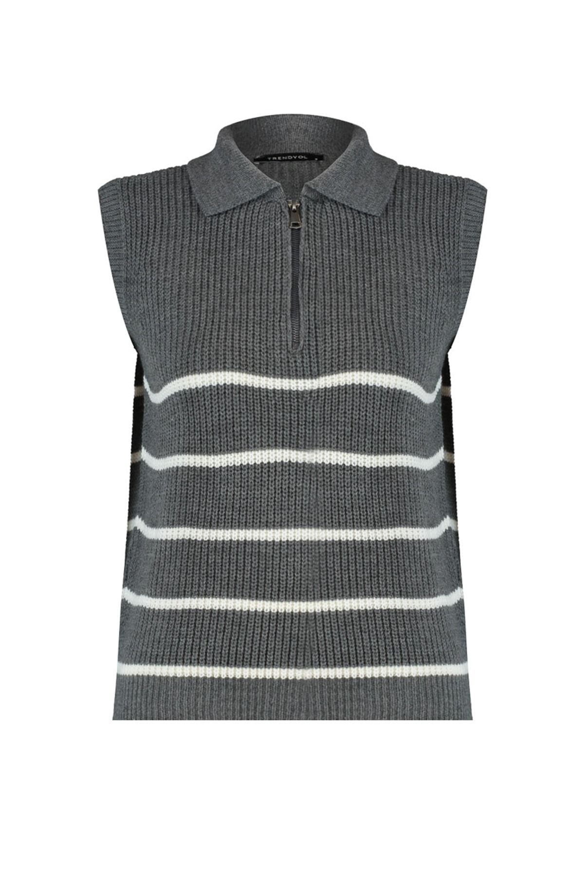 Trendyol Collection-Anthrazitfarbener Strick-Saugnapf mit Streifen und Reißverschluss TWOAW23SV0007 7