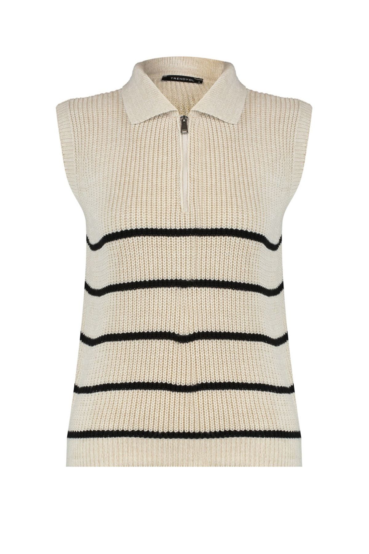 Trendyol Collection-Beigefarbener gestreifter Strickpullover mit Polokragen und Reißverschluss TWOAW23SV0007 8