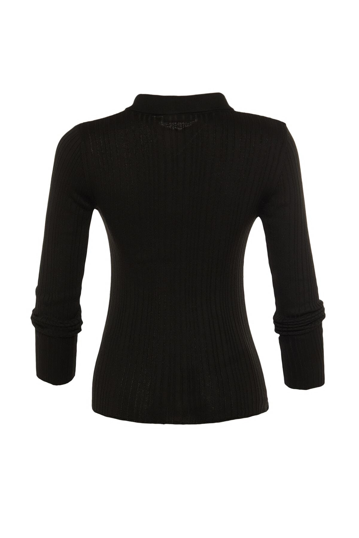 Trendyolmilla  Siyah Merserize Görünümlü Fitilli Polo Yaka Triko Hırka TWOAW20HI0070 - Görsel 8