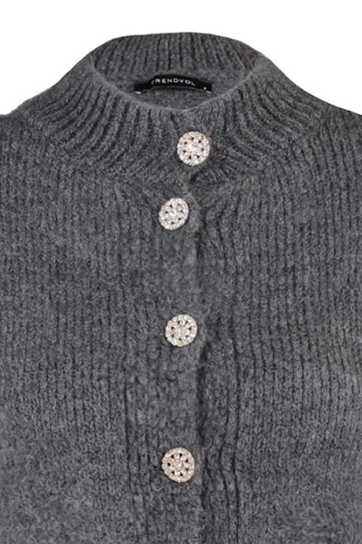 Trendyol Collection-Cardigan din tricotaje antracit cu nasturi bijuterie - textura moale TWOAW21HI0034 13