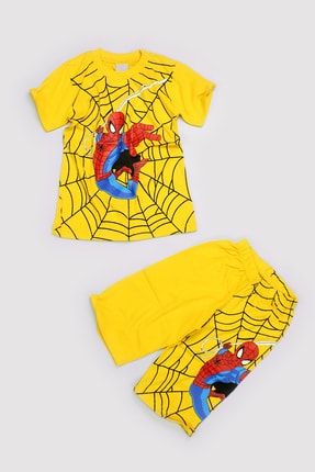 Yazlık Erkek Çocuk %70 Pamuk Dar Kalıp Spider Baskılı Tişört Şort Ikili Takım 13256
