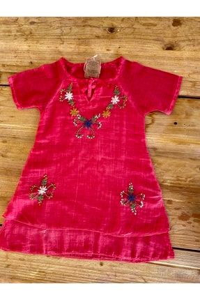 Bohem Kız Çocuk Çiçekli Kırmızı Naturel Elbise 3261069