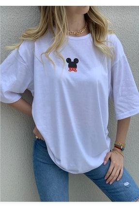 Giyim Mickey Çift Basılı Oversize Kadın Tshirt ELF03