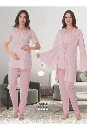 Kadın Pudra Ispanyol Kollu Pamuklu Hamile Lohusa Sabahlık Pijama Takımı Set 9004