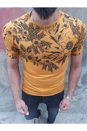 Ultra Dar Kalıp Çiçek Desenli Hardal Erkek T-shirt BKLT001