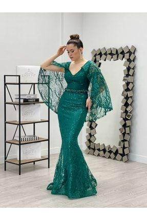 Dantelli Payet Kumaş Kemeri Taşlı Balık Elbise - Zümrüt Yeşil GYM-8069