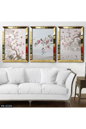 Kuş-pembe Çiçekli Ağaç Dalı - Gold Ayna Çerçeveli Tablo 3'lü Set-hyn-0330 HYN-0330