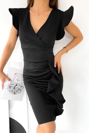 Fırfırlı Likralı Scuba Elbise Siyah EL581810