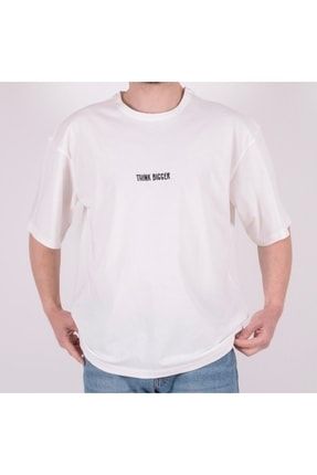 Unisex Think Bigger Baskılı Oversize Ekru T-shirt %100 Pamuk 4011E