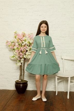 Dantelli Kemerli Kız Çocuk Elbise SLF01