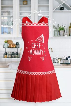 Chef Mommy Yazılı Mutfak Önlüğü Pizza Motifli Askılı Bulaşık Aşçı Leke Tutmaz Dijital Baskılı Önlük Onluk-Chefmommy