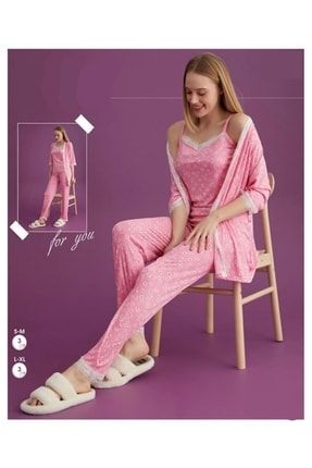 Pgs501-7 Ip Askılı Dantelli 3'lü Sabahlıklı Pijama Takım PGS501-7