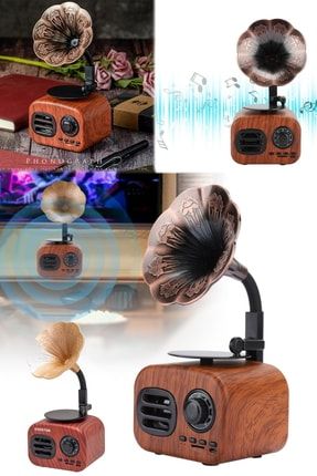 Kablosuz Sevimli Bluetooth Hoparlör Speaker Mini Gramafon Ahşap Görünümlü Dekoratif Taşınabilir Şık hr11c