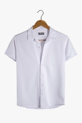 Erkek Beyaz Kısa Kollu Pamuklu Petek Desenli Slim Fit Apaş Yaka Gömlek BYK1606