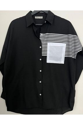 Siyah Oversize Blok Renkli Gömlek BS2022