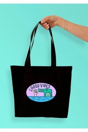 Good Vibes Baskılı Körüklü Tote Bag Siyah BTGHMÇNT04