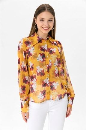 Yakalı Ve Düğmeli Çiçek Desenli Kadın Gömlek Sarı - 27112 22Y0127112