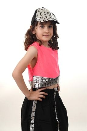 Kız Çocuk Neon Pembe Bluz Fermuarlı Siyah Etek Şapka 3lü Pamuklu Takım WLVSTRM00026